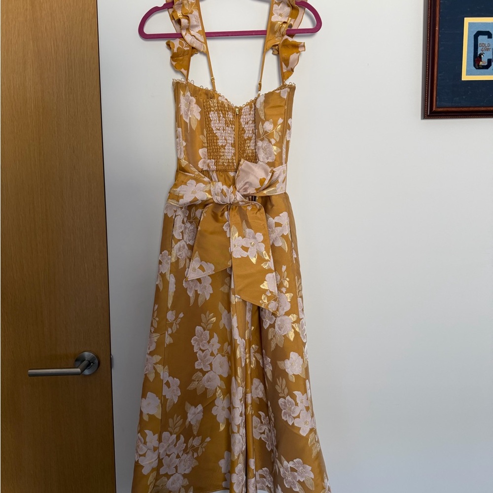 V. Chapman Vera Ruffle-Strap Corset Side-Slit Midi Dress - Gold Baroque Floral - Picture 2 of 4